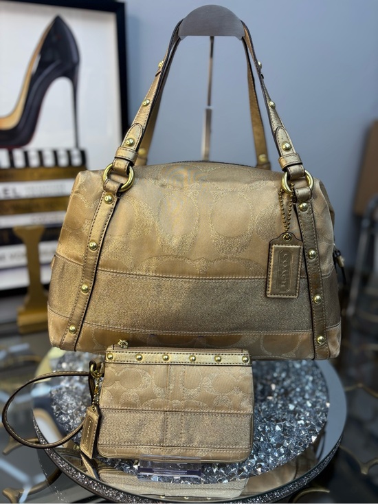 Coach Handbags - Coach 2008 Signature Stripe Studded Lurex Satchel w/matching wristlet EUC